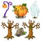 Symbols of Halloween - scary tree, pumpkin, ghost, grave, lantern. Six icons set isolated on white background. Vector