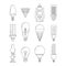 Symbols of light. Different bulbs. Mono line illustrations set