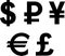 Symbols of major world currencies; dollar, euro, yen, pound, ruble; black on transparent background