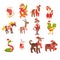 Symbols of New Year set, cute animals of Chinese horoscope in Santa Claus costumes vector Illustration on a white