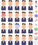 Symbols representing 20 different facial expressions and emotions of young businessmen