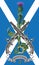 The Symbols Of Scotland. Scottish thistles and two crossed Scottish flintlock pistol in the background of the flag of Scotland