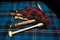 Symbols of Scotland - wollen tartan textile and handmade musical instrument bagpipes