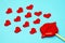 Symbols of Valentine`s day-hearts, kisses, gift, lips, love. background. flat low