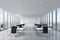 A symmetric corporate workplaces equipped by modern laptops in a modern panoramic office in New York City.