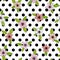 Symmetric pink lilies cartoon  illustration over large black polka dot and white seamless pattern.