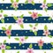 Symmetric pink lilies flat vector illustration over blue and white stripes and gold stars background, seamless pattern