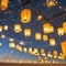 A symmetrical arrangement of floating lanterns, casting a warm and inviting glow in the night sky1, Generative AI