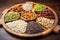 symmetrical arrangement of nuts and seeds on the wooden board