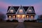 symmetrical cape cod house with twin dormers, dusk setting