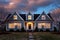 symmetrical cape cod house with twin dormers, dusk setting