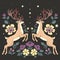 Symmetrical composition of two deer and flowers on a dark background. Vector graphics