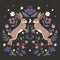 Symmetrical composition of two hares and flowers on a dark background. Vector graphics