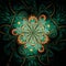 Symmetrical Gold Green fractal flower, digital artwork for graphic