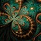 Symmetrical Gold Green fractal flower, digital artwork for graphic