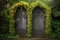 symmetrical iron gate in front of ivy-covered fence