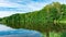 Symmetrical landscape with a beautiful forest lake, in the water of which deciduous forest is reflected. Mirror landscape. The