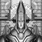 Symmetrical, mechanic character close-up with broad shoulders, Lord of Time in the armor, cyborg in helmet