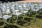 Symmetrical rows of silver folding chairs Ready for party or representation, presentation. metallic chairs in hotel area