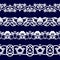 Symmetrical seamless pattern of white cotton ribbon on a blue background in the Uzbek national style