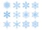 Symmetrical snowflake mandala set, star shape icons set blue white outline