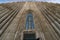 Symmetrical view from below the minimalist architecture of the Hallgrímskirkja Cathedral