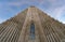 Symmetrical view from below the minimalist architecture of the Hallgrímskirkja Cathedral