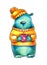 Sympathetic blue bear in an orange sweatshirt and a winter hat holds coffee in a red mug. Ilustration on a white background.