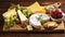 A Symphony of Flavors - An Assortment of Fine Cheeses and Grapes on a Rustic Wooden Board. Generative AI