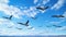 A symphony of wings unfolds as crane migratory birds paint patterns across the clear sky.