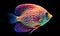 Symphysodon discus fish displays dazzling patterns and colors near vibrant coral reefs, Ai Generated