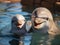 Synchronized swimming dolphins in pool