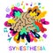 Synesthesia. Bright concept of human brain, notes and colorful psychedelic shapes.