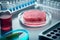 Synthetic meat in a petri dish on the background of the laboratory.Artificial meat or protein concept.