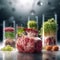 synthetic plant-based instant in food processing laboratory to experiment on meat and spouts