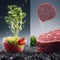 synthetic plant-based instant in food processing laboratory to experiment on meat and tomato