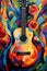 Synthetism art of folk guitar vibrants color, illustrated by Generative AI