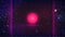 Synthwave Abstract background. Mysterious pink sun between perspective grids on night starry sky. 80s retro futuristic party flyer