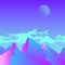 Synthwave gradient illustration with moon, mountains and clouds