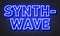 Synthwave neon sign on brick wall background.