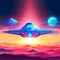 Synthwave planet universe with neon lights, synthwave spaceship, synth-wave on a futuristic illustration. Generative Ai.