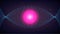 Synthwave Retro Background. Curved blue grid with pink glowing sun