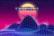 Synthwave retro banner vaporwave aesthetic background. Mountains landscape grid 3d, sunset 80 s retrowave