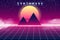 Synthwave retro banner vaporwave aesthetic background. Pyramids grid 3d, sunset 80 s retrowave