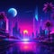 Synthwave retro cyberpunk style landscape background banner or Bright neon pink and purple