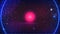 Synthwave Retro Future Grid background with blue round Neon glowing and pink Sun in center. Starry sky. Synthwave Retro Futuristic