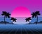 Synthwave and retrowave background template. Palms, sun and space in computer game. Retro design, rave music, 80s