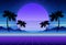 Synthwave and retrowave background template. Palms, sun and space in computer game. Retro design, rave music, 80s