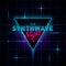 Synthwave retrowave triangle with blue and pink glowing on dark background with glowing blue laser grid. Design for