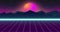 Synthwave, retrowave or vaporwave neon background animation. Sun and mountain, purple grid moving. 80s videogame